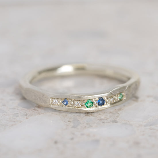 Shades Of Blue And Green Wonky Bar Ring in 9ct White Gold, Size P and a half (In Stock)