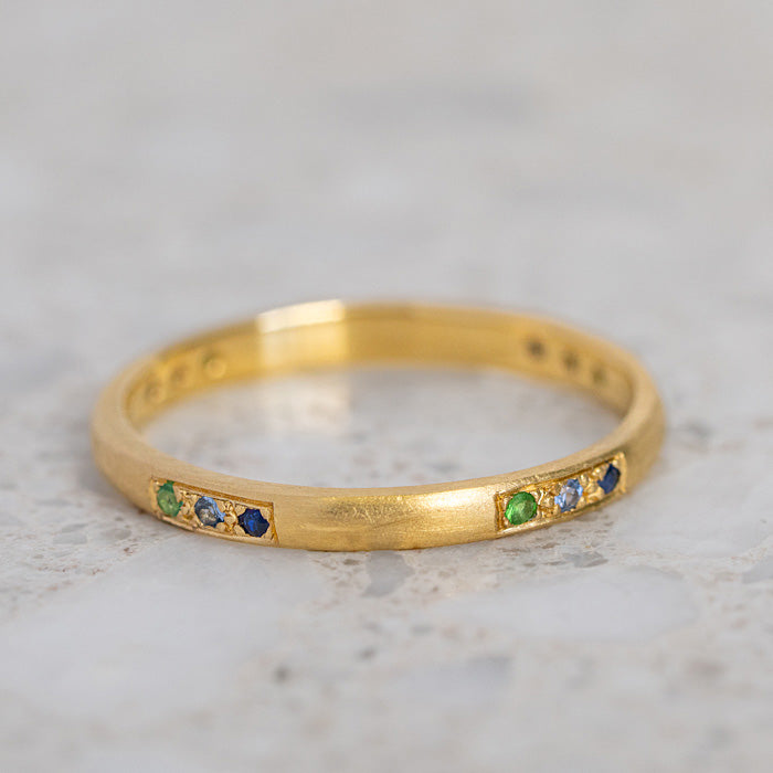 Shades Of Blue and Green Band in 14ct Yellow Gold, Size M (In Stock)