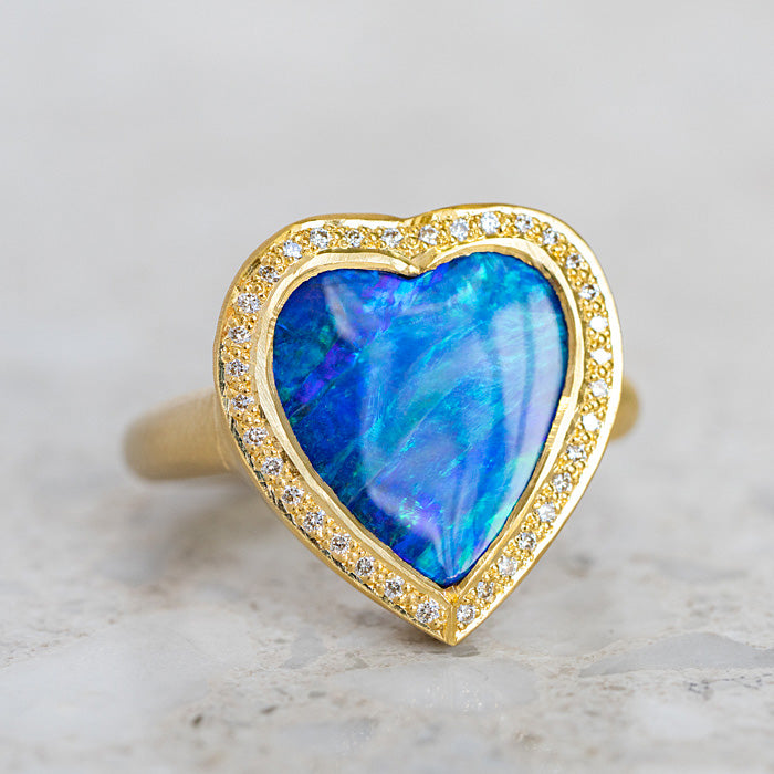 One-off Boulder Opal Heart Ring in 18ct Yellow Gold, Size M (In Stock)