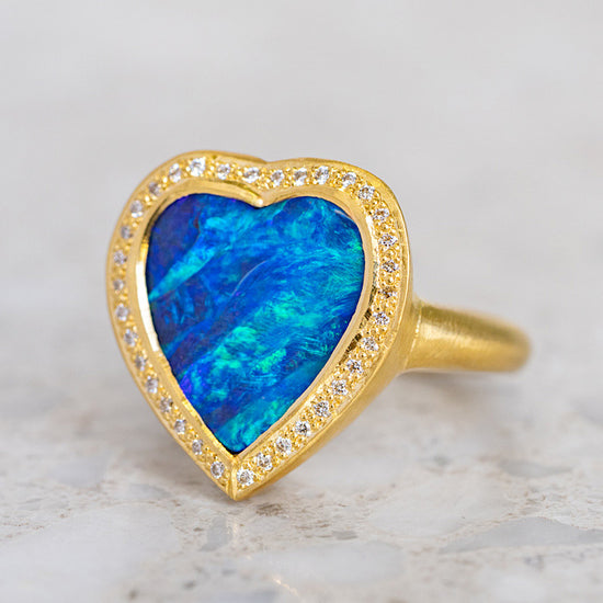 One-off Boulder Opal Heart Ring in 18ct Yellow Gold, Size M (In Stock)