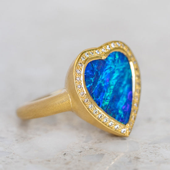 One-off Boulder Opal Heart Ring in 18ct Yellow Gold, Size M (In Stock)