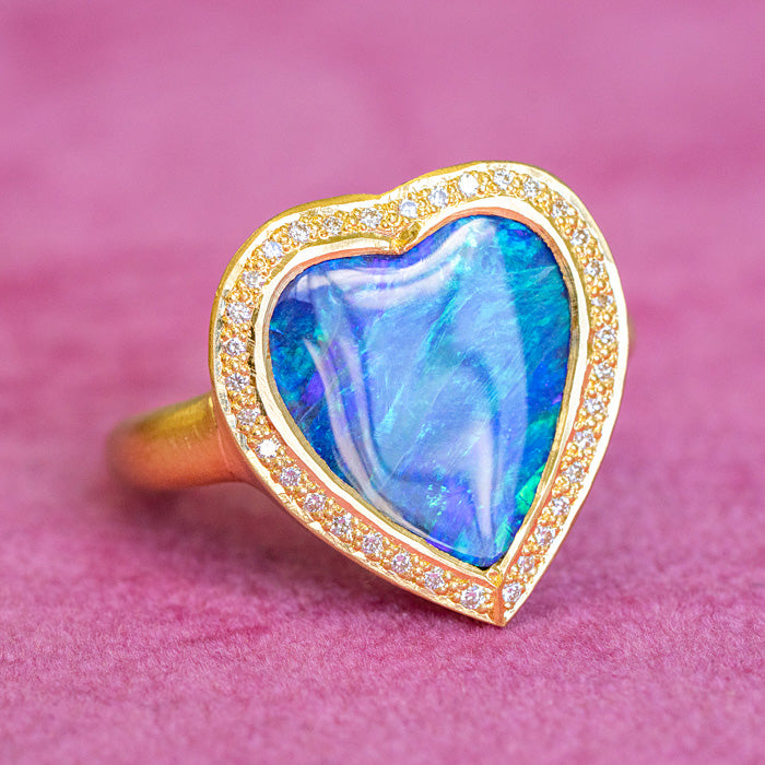 One-off Boulder Opal Heart Ring in 18ct Yellow Gold, Size M (In Stock)