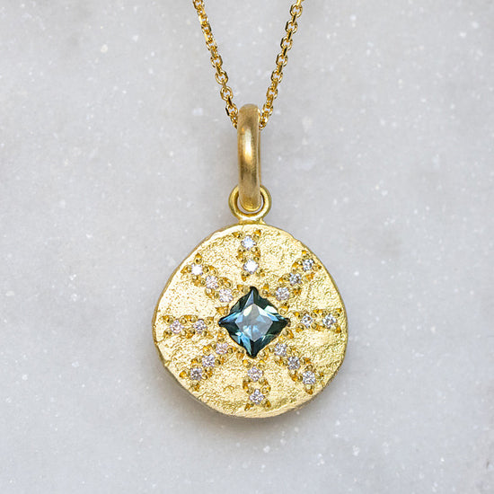 Teal Sapphire Sun Ray Necklace in 18ct Yellow Gold (In Stock)