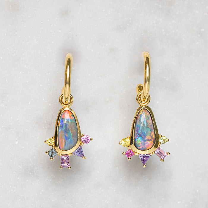 One-off Black Opal and Sapphire Cluster Earrings In 18ct Yellow Gold (In Stock)