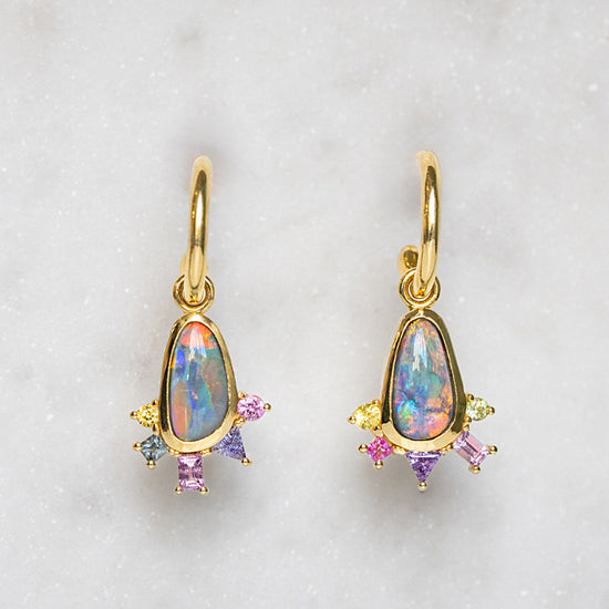 One-off Black Opal and Sapphire Cluster Earrings In 18ct Yellow Gold (In Stock)