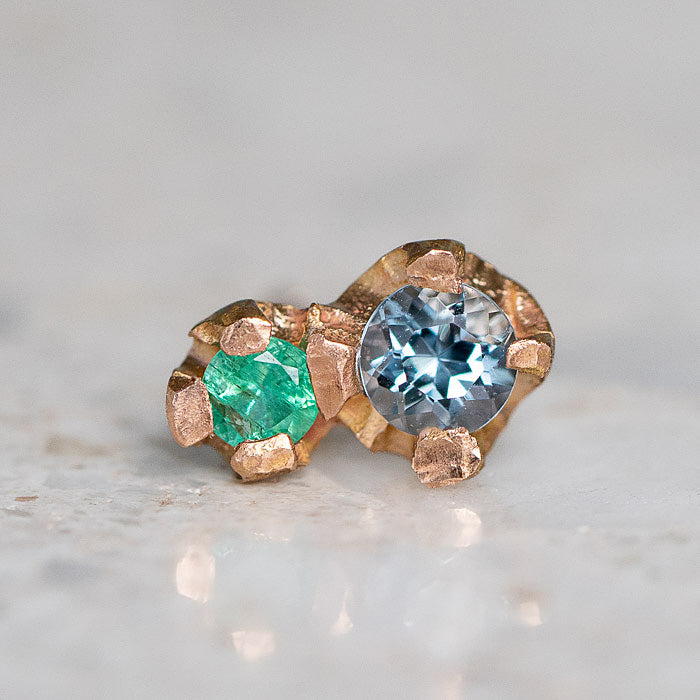 Aquamarine and Emerald Bud Single Stud in 14ct Rose Gold (In Stock)