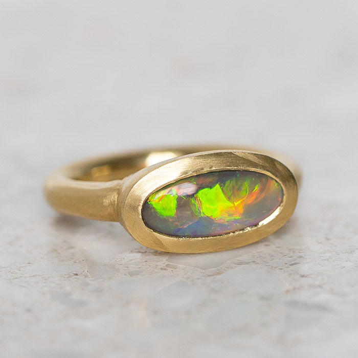One-off Black Opal Ring in 18ct Yellow Gold, Size P and a half (In Stock)