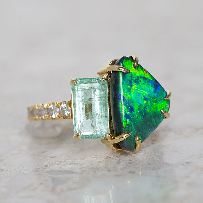 One-off Emerald and Black Opal Twin Ring in 18ct Yellow Gold, Size N (In Stock)