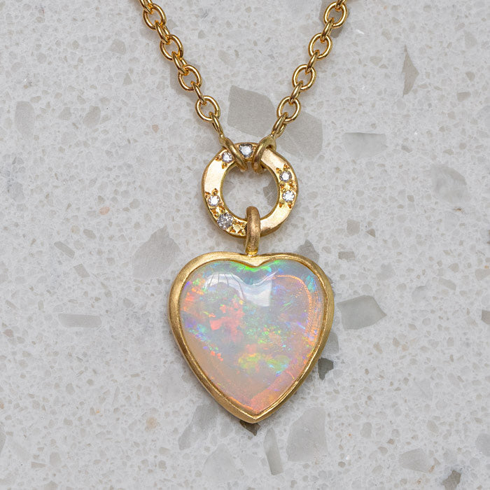 Crystal Opal Big Heart Necklace With Studded Salt & Pepper Diamonds In 18ct Yellow Gold (In Stock)